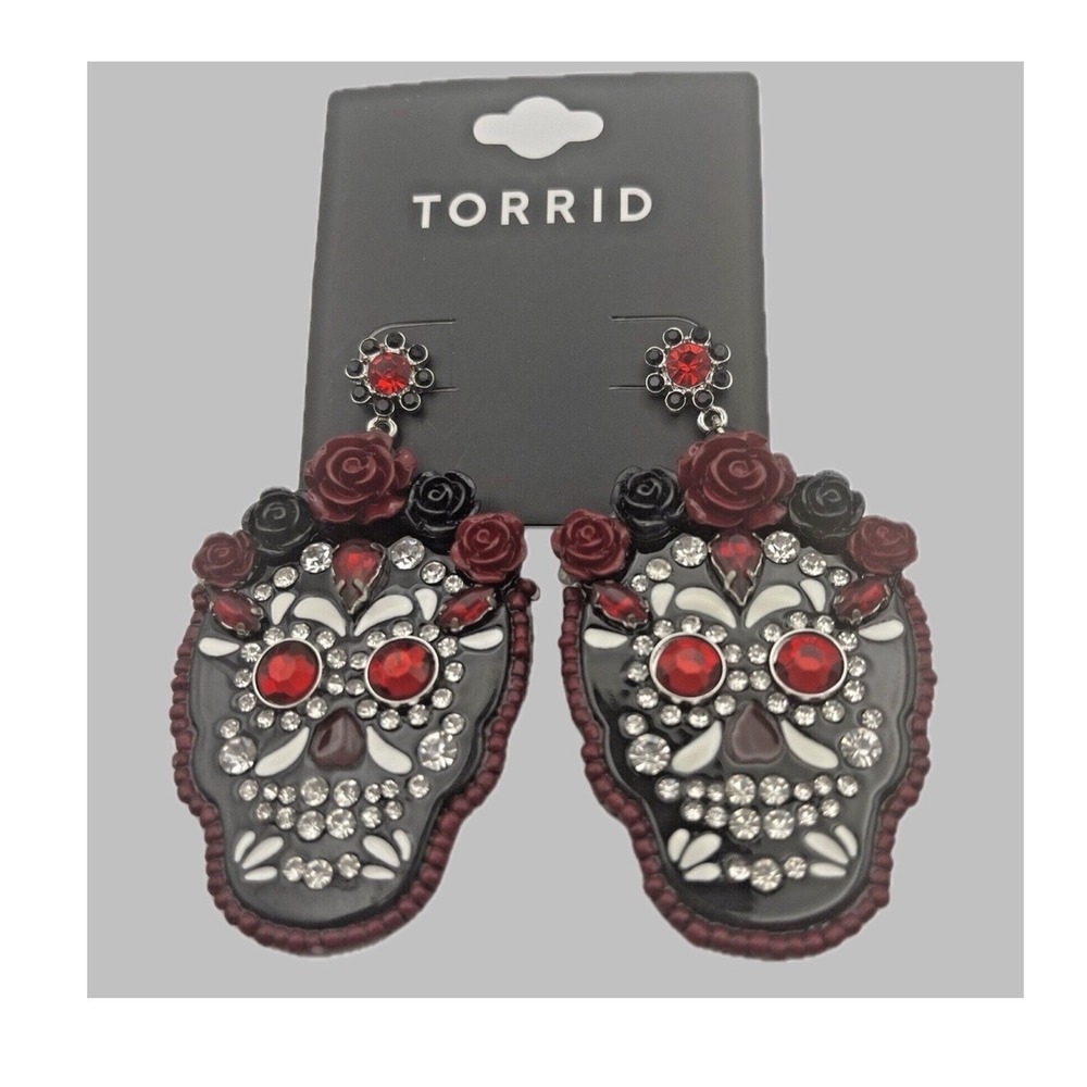 Torrid Sugar Skull Drop Earrings Red Rhinestone Rose Day of the Dead Halloween